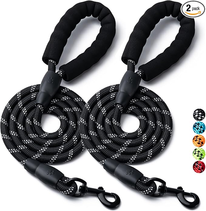 2 Pack Dog Leash, Heavy Duty Nylon Rope Pet Leashes (5FT-1/2,Black/Black) | Comfortable Padded Handle, Anti-tangle Swivel Clip, Reflective for Night Walks and Training, Climbing Rope for Strong Pullers