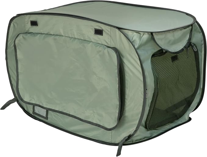 SportPet Designs Soft-Sided Pop-Open Pet Kennel, Medium Portable Travel Crate for Cats &amp; Dogs up to 50 lbs, Foldable Car Kennel with Seatbelt Straps &amp; Washable Waterproof Pad, Green