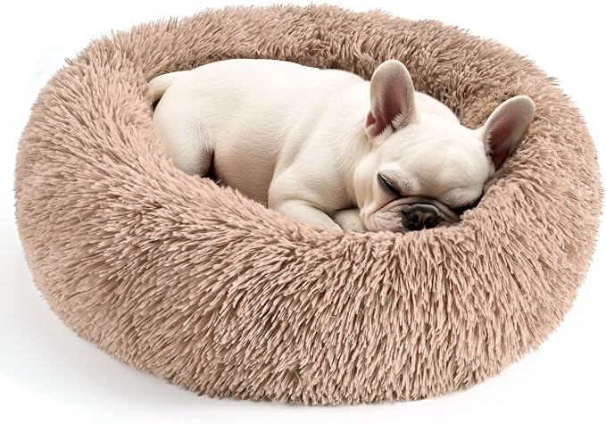 Hoewina Dog &amp; Cat Bed for Indoor Cats, 20in Calming Donut Bed (Camel) | Calming Donut Bed for Puppy and Kitten, Anti-Slip Bottom, Washable Round Fluffy Pet Bed for Small Medium Dogs and Cats