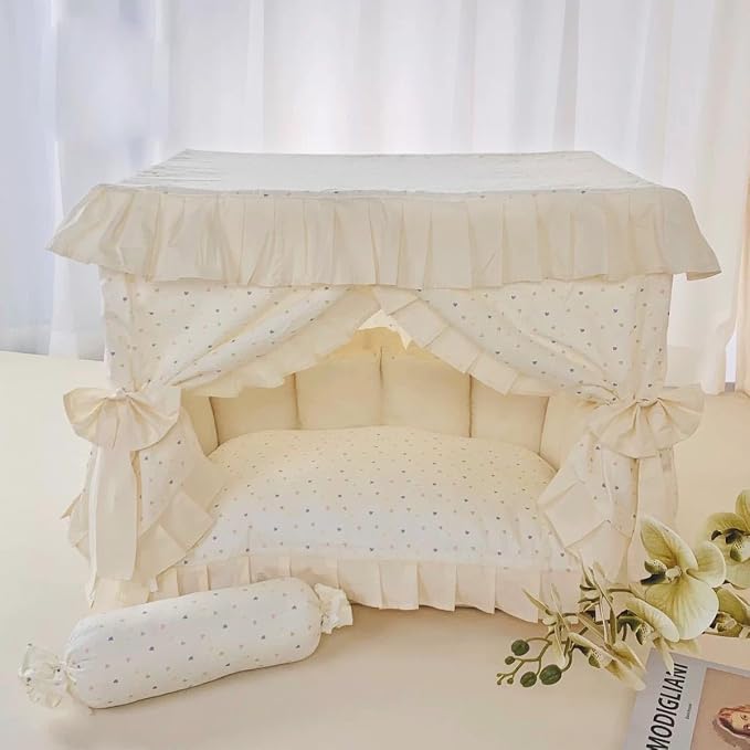 SmileyTails Pet Princess Luxury Deluxe House Fluffy Winter Warm Cozy Dog Cat Puppy Kitten Items Bed Sofa Kennel Nest Fleece Velvet (Beige Colorful, M 50x30x40 cm)