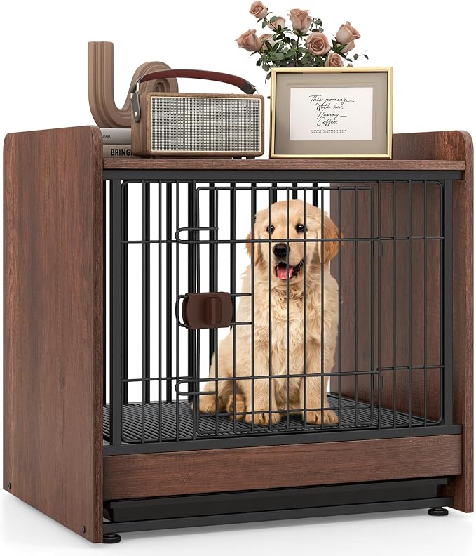 Giantex Dog Crate End Table - Wooden Dog Kennel Furniture with Removable Pull-Out Tray, Latched Door, Dog Cage Indoor for Small Dogs, Furniture-Style Dog Crate Side Table, Walnut