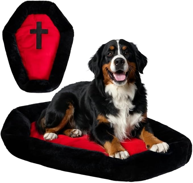 Purrzone Gothic Coffin Cat Bed for Large Cats, Washable, Size: Large | Fits cats up to 25 lbs. Size: 32" x 22". Color options: Red &amp; Black. Soft fabric, ideal Halloween decor.