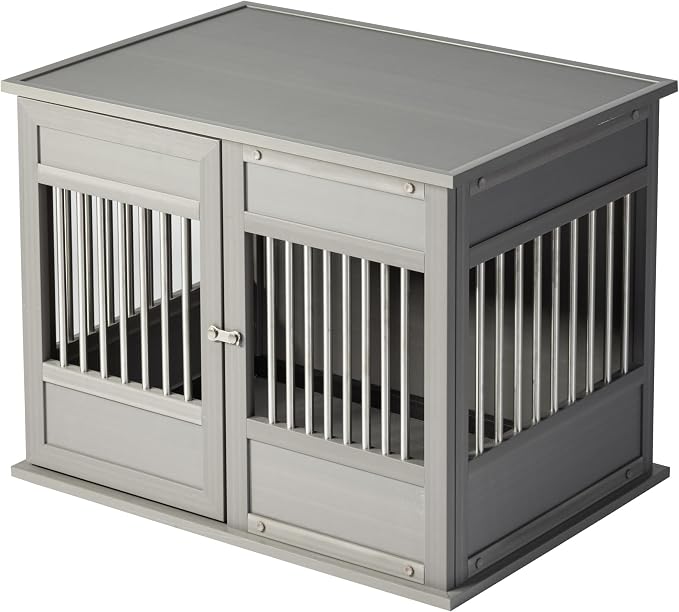 New Age Pet® ECOFLEX® Horizon Dog Dog Crate &amp; End Table, Medium, Grey | Modern slatted design; double-door access; doubles as an end table; tool-free assembly; 10-year warranty