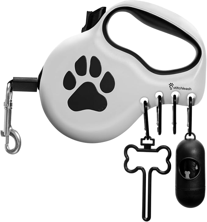 StitchLeash 4-in-1 Retractable Dog Leash, Poop Bag Holder, 23 FT, L/XL Dogs | Award-Winning Stitch & Go: 4 attachment clips, dispenser, hands-free carrier, tangle-free tape, large breeds up to 110 LB