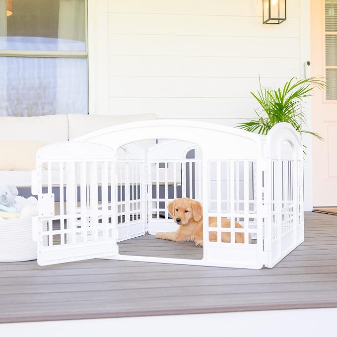 Carlson 4-Panel Plastic Pet Pen, 24" Tall White Indoor/Outdoor Playpen with Door and Lock, Portable Exercise Pen for Small Pets, Puppies, Rabbits, and Whelping