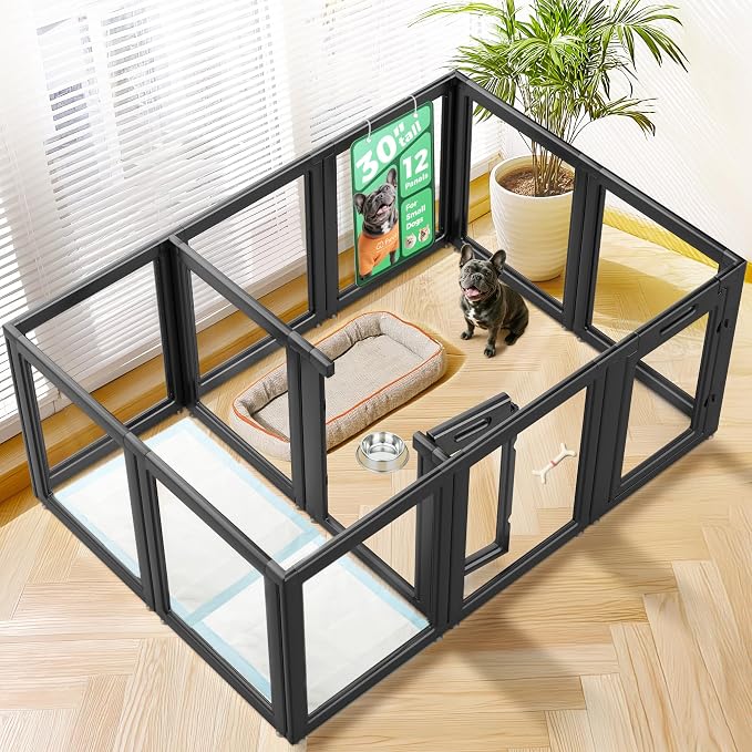 FXW AuraSpace Clear Acrylic Indoor Dog Playpen, 30" H, 12 Panels, Black | Open View, Modern Home Fit, No Climbing Bars, Tool-Free Setup, For Small &amp; Medium Dogs