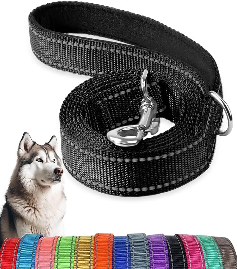 6 FT * 1 in Heavy Duty Dog Leash with Soft Padded Double Handle, Durable Strong Clasp Dog Leashes, Reflective Nylon Walking Lead for Large,Medium,Small Breed Dogs, Black