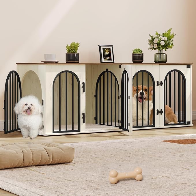 Hzuaneri 63 in Double Dog Crate Furniture, Dog Kennel Indoor with Cushion | Heavy Duty Dog Crate Furniture for 2 Dogs,Dog Cage End Table TV Stand with Divider for Med-Large Dogs,White Brown DFC80914BV1