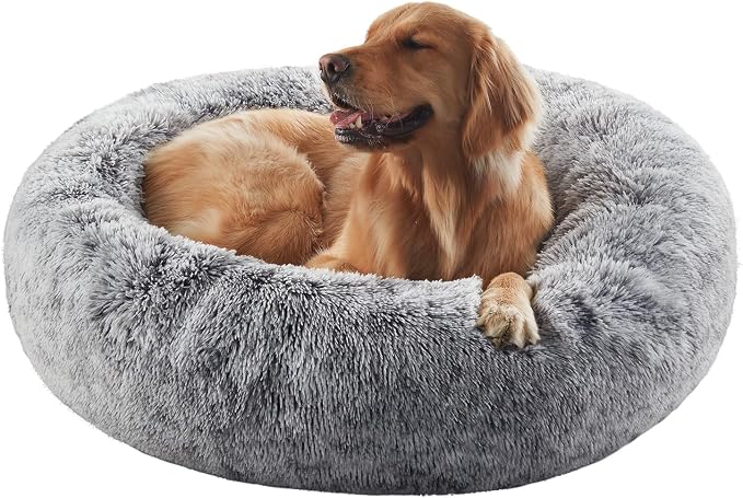 BedStill 36 inches Faux Fur Fluffy Donut Dog Bed for Large Dogs,Dark Grey | Calming Plush Round Pet Bed with Removable &amp; Washable Cover,Fits up to 80 lbs Pets