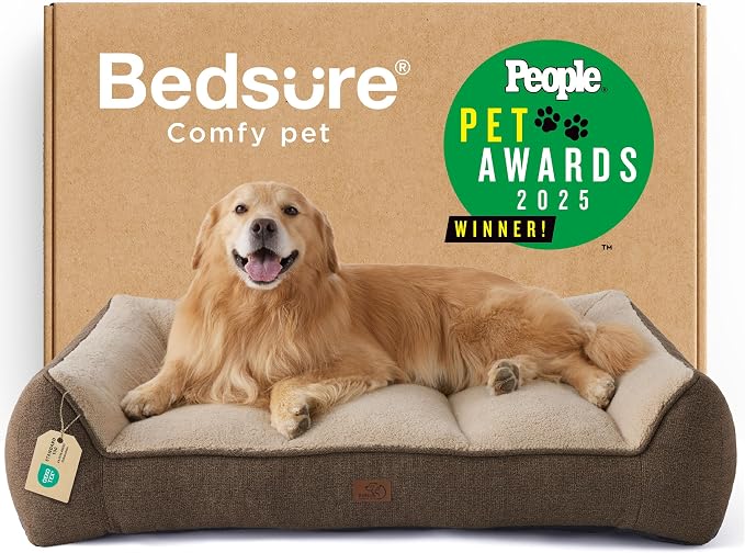 Bedsure SupportMax® Extra Thick Orthopedic XL Dog Bed for Extra Large Dogs | People PET AWARDS, 48" Supportive Couch for Senior Dogs, 100% Removable Washable Cover, Big Comfy Pet Sofa with Sherpa, Brown