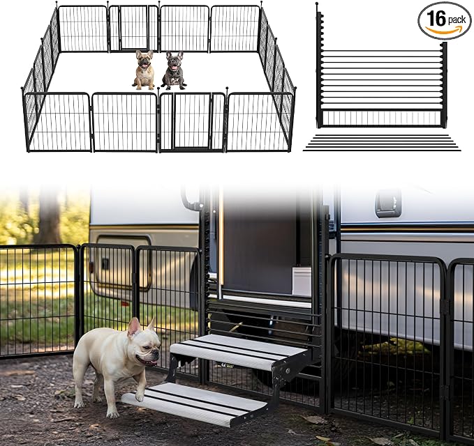 FXW Instant Dog Playpen with RV Step Grid for RV Camping, 24" H, 16 Panels | Quick-Setup & Heavy-Duty Play Yard, Helps Close Stair Gaps, Fits 32" RV Step Opening, For Puppies & Small Dogs, Patented