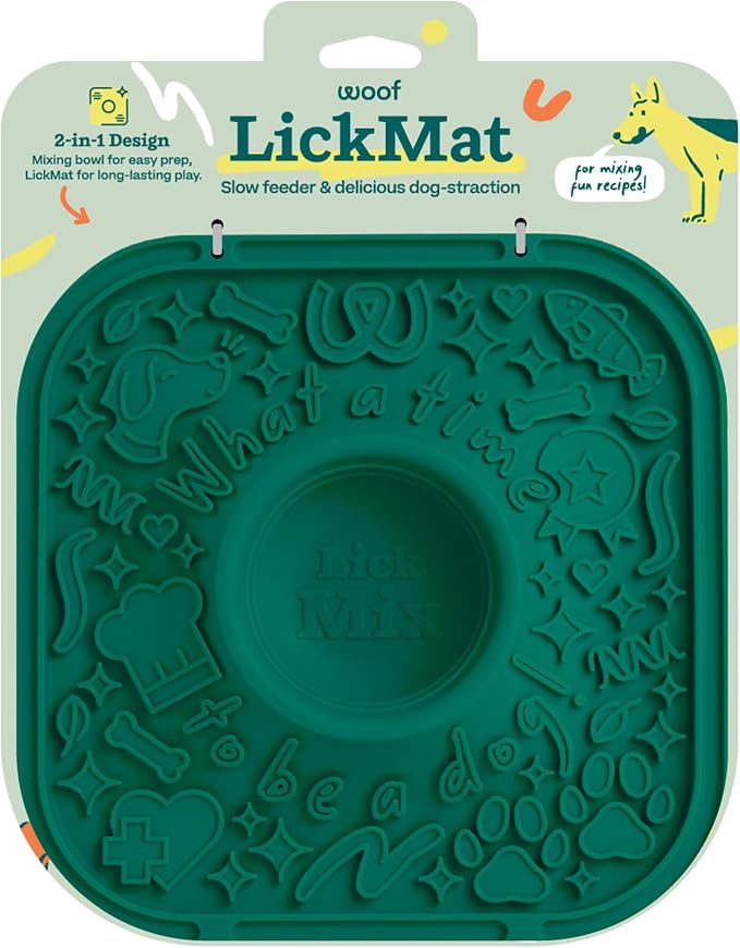 Woof LickMat, Slow Feeder Mat for Dogs, Green | Built-in mixing bowl, BPA-free silicone, non-slip suction cups, dishwasher safe, easy to clean