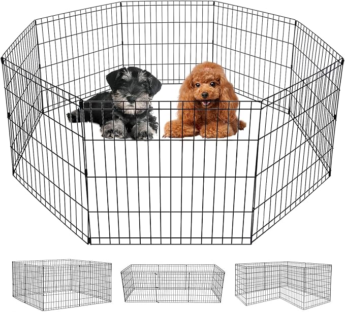 FDW | Dog Playpen | 24", 8 Panels | Heavy Duty Metal Pet Exercise Pen | Indoor/Outdoor Fence Panels | Rust-Resistant, Removable, Tool-Free Setup | Custom Layout, Anti-Skid, Expandable Design