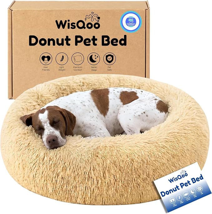 WisQoo Calming Donut Dog Bed – Faux Fur Anti-Anxiety Pet Bed with Removable Washable Cover & Water-Resistant Liner – Plush Fluffy Round Nest, Non-Slip Bottom for Dogs & Cats – Large, Beige
