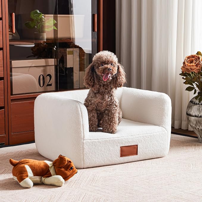 ATJafurn White Faux Shearling Dog Couch Bed for Small Dogs Cats Under 35lbs | Modern Elevated Dog Sofa Bed with Leather Nameplate, Comfort Fabric Cute Dog Bed, Indoor Furniture Style Small Pet Sofa Bed