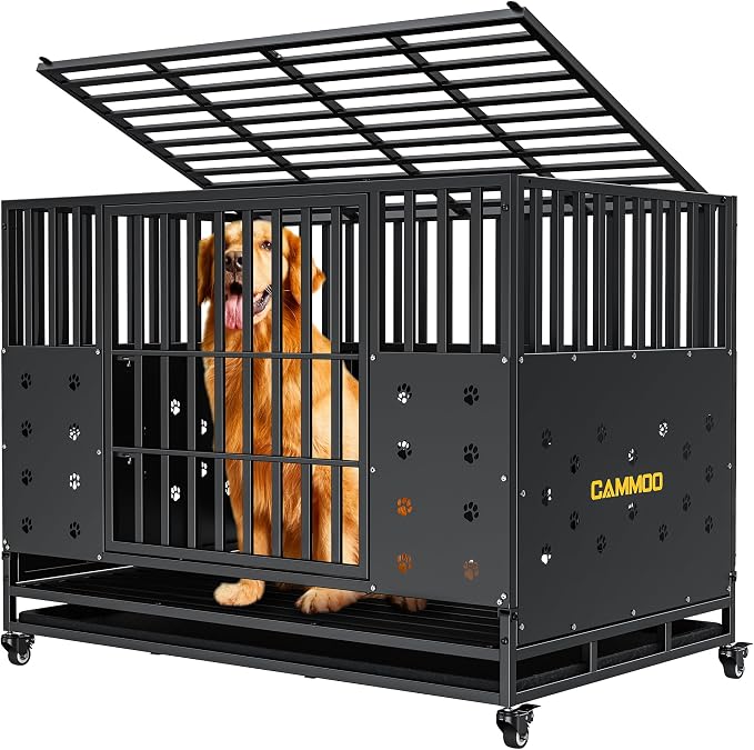 Cammoo 48'' Heavy Duty Dog Crate/Kennel for Large Dogs Indoor, Black | Upgraded Chew-Proof Panels, Comfort-Widened Floor Panel, Adjustable Internal Height, Easy-Access Wide Door, 4 Lockable Wheels