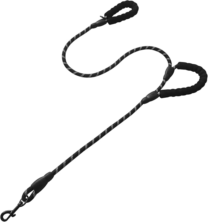 Double Handle Dog Leash – Heavy Duty Reflective Rope with Extra Padded Handles, Bonus Poop Bag Dispenser, 5FT &amp; 6FT Options for Medium &amp; Large Dogs – No-Pull, Training Lead (Black, 6ft)