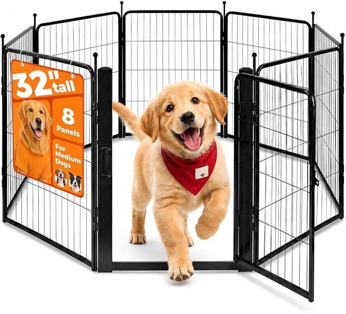 Freepet 32 Inch Dog Playpen, 8-Panel Metal Pet Exercise Pen with Door, Foldable Indoor Outdoor Dog Fence for Medium Dogs, Black (Black, 32inch)