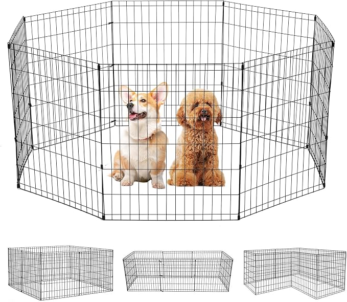 FDW | Dog Playpen | 30", 8 Panels | Heavy Duty Metal Pet Exercise Pen | Indoor/Outdoor Fence Panels | Rust-Resistant, Removable, Tool-Free Setup | Custom Layout, Anti-Skid, Expandable Design