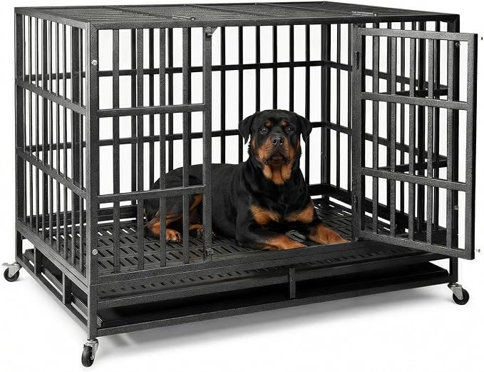 NUGRIART 48 Inch Heavy Duty Indestructible Dog Crate, XL Steel Escape-Proof Kennel for Large Dogs, Double Door Design with 4 Locking Wheels & Reinforced Baseplate, Ideal for High-Anxiety Dogs