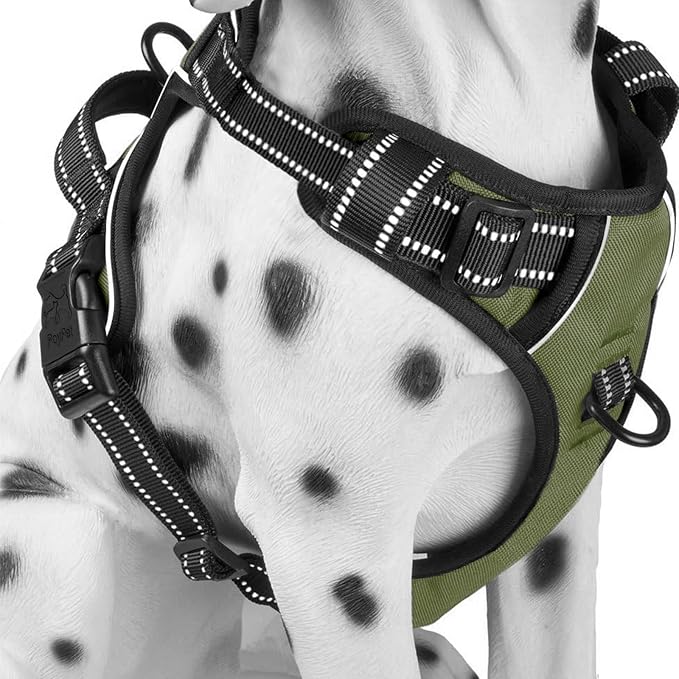PoyPet No Pull Dog Harness Medium, Reflective Vest with Front Clip & Handle | Easy On/Off, No Choke, Adjustable, 2 Leash D-rings, Soft Padded, Breathable, Oxford, for Walking Training, M, Military Green