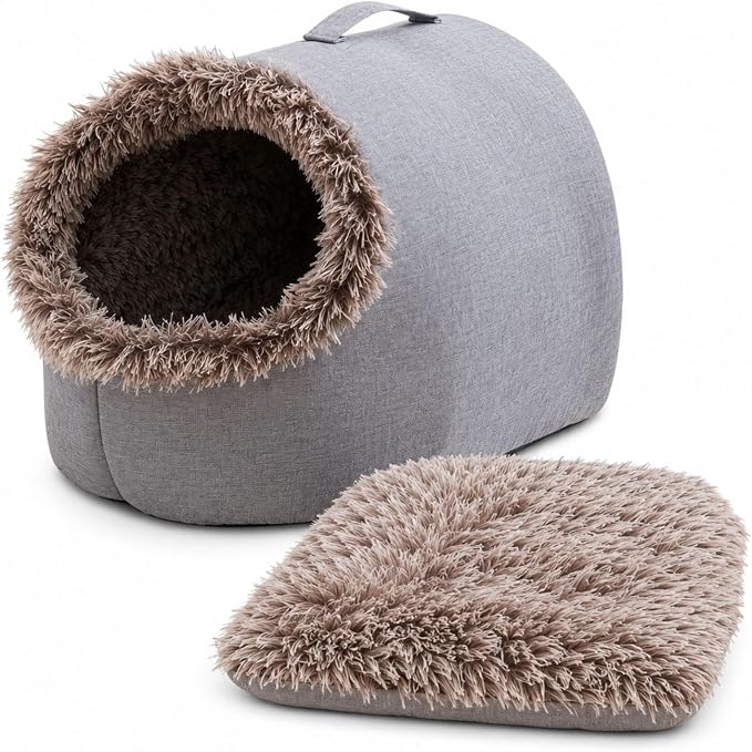 2027 NEW Winter Warm Pet Cave Bed,Cozy Cat Bed Cave with Removable Cushion,Portable Design for Small Dogs and Cats,Comfortable Pet Hideaway Cave Bed for Small Pets.（Grey+Coffee）