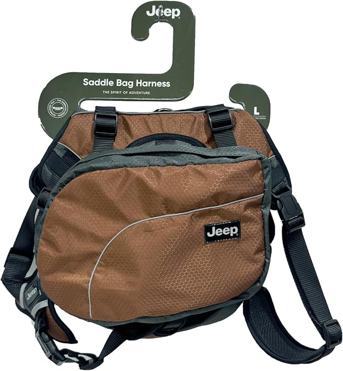 Jeep Saddle Bag Harness for Dogs Utility Backpack (Large) Fire Orange | Lightweight Padded Straps, Night Safety Reflective Design, Removable Bags, Heavy-Duty Handle, Includes Metal D-Ring for Leash