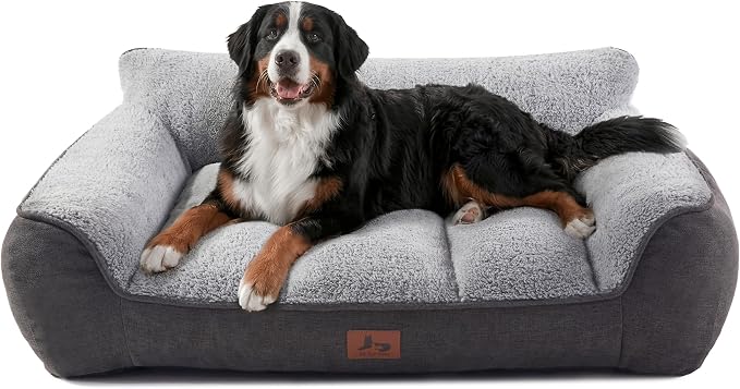 Warmrest XL Pro Extra Thick Orthopedic Bolster Dog Bed for Large Dogs | 45" Supportive Couch for Senior Dogs, Big Pet Sofa with Soft Sherpa, Waterproof Machine Washable Cover, Non-Slip Bottom, Grey