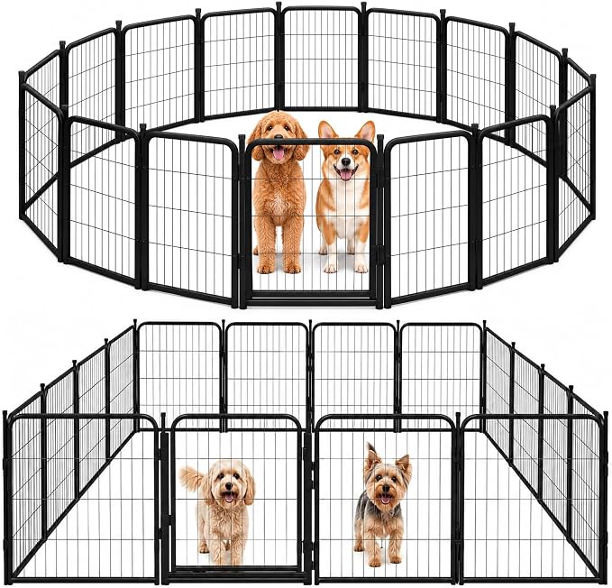Kozy Kennels Outdoor Dog Playpen - 24 inch, 16 Panels for Small and Puppy Size Dogs - Heavy Duty Metal Pet Fence with Black Anti-Rust Coating - Portable Exercise Play Pen for RV, Camping, and Yard