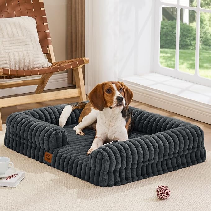 ChiXnuggle Faux Fur Orthopedic Dog Bolster Bed, Waterproof Washable Cover | rectangular dog sofa couch,egg crate foam,non-slip bottom,for large dogs,dark grey,35*28*7