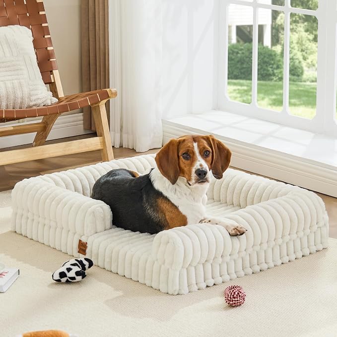 ChiXnuggle Faux Fur Orthopedic Dog Bolster Bed, Waterproof Washable Cover | rectangular dog sofa couch,egg crate foam,non-slip bottom,for large dogs,cream,35*28*7