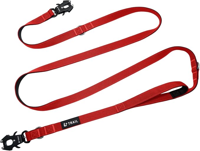 L+TRAIL Adjustable Hands Free Dog Leash with Dual Clips and Handles | 98-inch multi function leash for waist, shoulder or hand-held use during walking, running, hiking and training.