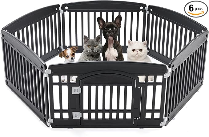 DUMOS Plastic Dog Playpen, 6 Panels 24 Inch Small Pet Fence Play Pen | Foldable, Indoor Outdoor Portable Exercise Playpen with Door, RV Camping, Puppy Small Medium Dog, Black