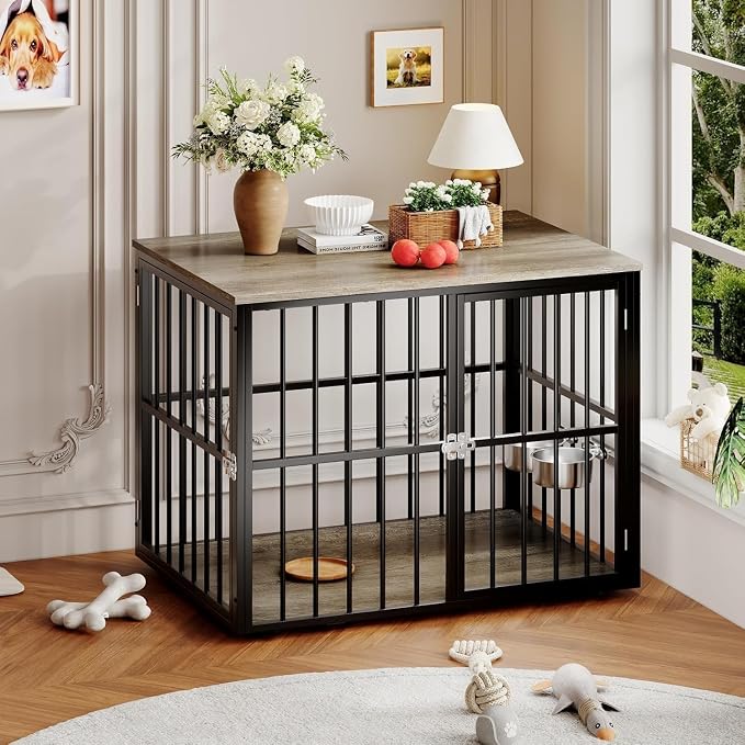 GarveeTech 43" Dog Crate Furniture, Wooden Dog Crates with Double Doors and Lockable Kennel, Heavy Duty Indoor Pet House Side End Table for Medium and Large Dogs