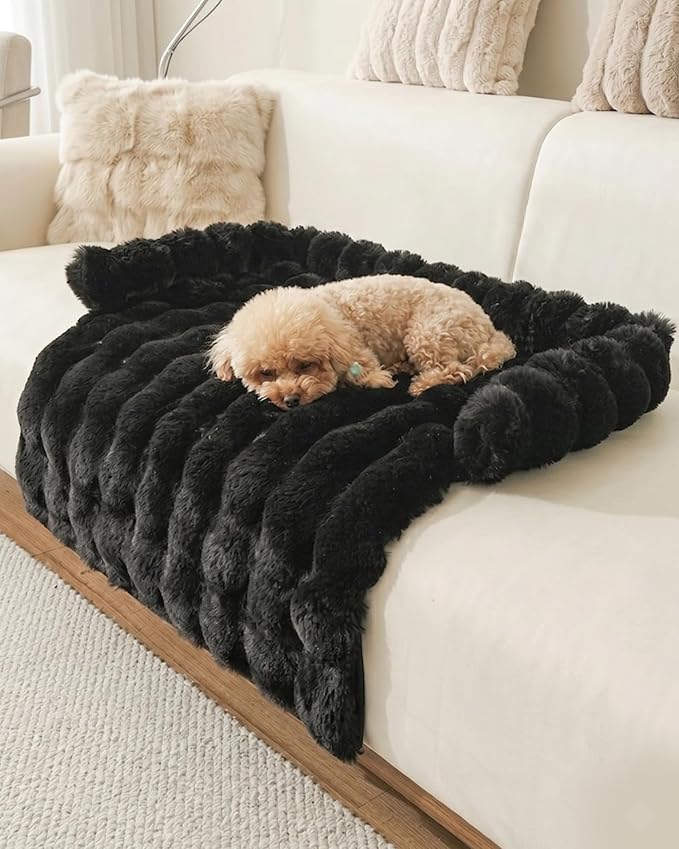Calming Dog Bed/Mat for Couch,Faux Rabbit Fur Pet Sofa Furniture Protector | Non-Slip&amp;Manchine Washable,Protects Sofa from Fur &amp; Scratches,Bubble Puff Fluffy Texture,Cozy for All Size Dogs&amp;Cats