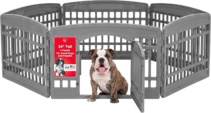 IRIS USA 24" Dog Playpen, 4-Panel with Door, Indoor/Outdoor, Gray | Foldable 4-panel design with door creates a secure play area for puppies and small dogs indoors or outdoors