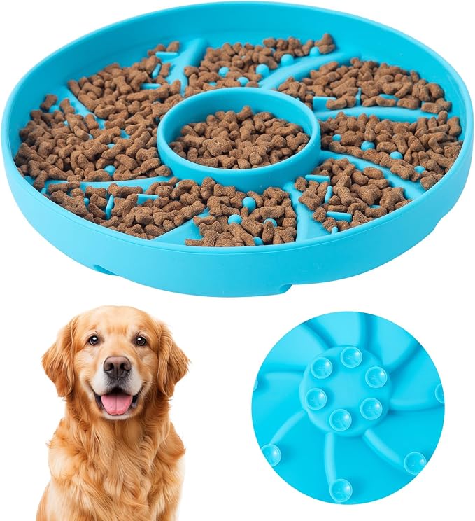 Dog Bowl Silicone Slow Feeder, Windspout Puzzle Shaped Anti-Choking Pet Food Bowls 2 Cups Capacity for Medium Breeds with Non-Slip Suction Cup Base Maze Dish for Fast Eater