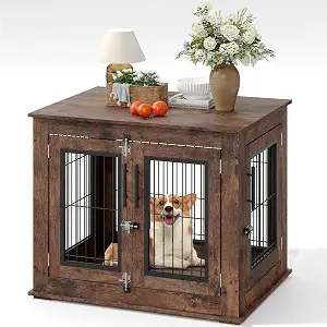 Jojoka Heavy Duty Wooden Dog House Furniture – Double Door Indoor Kennel, Anti-Chew Secure Steel Frame, Ventilated End Table Pet Cage for Small to Medium Dogs, Rustic Brown