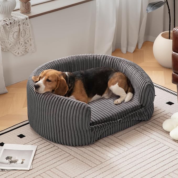 Grey Large Dog Couch Bed Pet Sofa for Medium and Large Dogs Under 70lbs | Modern Orthopedic Dog Sofa, Indoor Sofa-Style Dog Bed with Bolster, Removable Cover, Soft Cushion Durable Corduroy Fabric