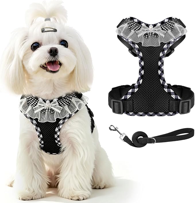 ABRRLO Cute Puppy Harness and Leash Set for Small Dogs Cats Boys,Black L | Ruffle Plaid Small Girl Dog Harness No Pull,Soft Breathable Mesh,Adjustable,Lightweight,Escape Proof Pet Harness for Walking