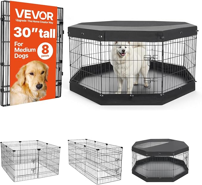 VEVOR Dog Playpen 30 Inch 8 Panels Exercise Pen with Top Cover &amp; Bottom Pad, Indoor Foldable Metal Pet Fence with Door, Heavy Duty Puppy Crate Kennel Pen for Dogs, Cats, and Other Small Animals, Black