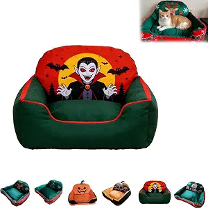 Holiday Themed Pet Bed, Cat Dog Beds with Supportive Bolsters (Vampire, S) | Cute Soft Plush Pet Bed, Washer and Dryer Friendly, Cuddler Cat Perch Bed for Small Pet