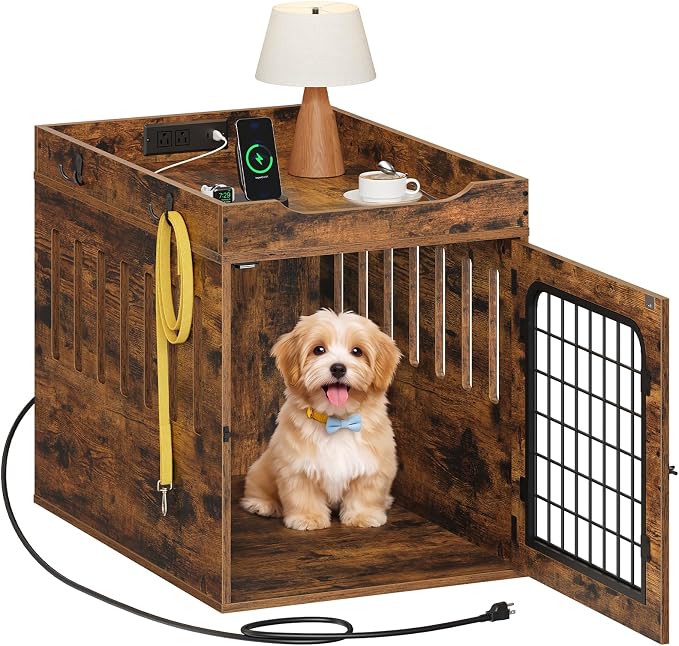 HOOBRO 31.5''Dog Crate Furniture with Charging Station, Pet Crate End Table | Dog Kennel Furniture with 2 AC Outlets, USB-A, USB-C, Storage End Side Table for Small/Medium Dogs, Living Room, Bedroom