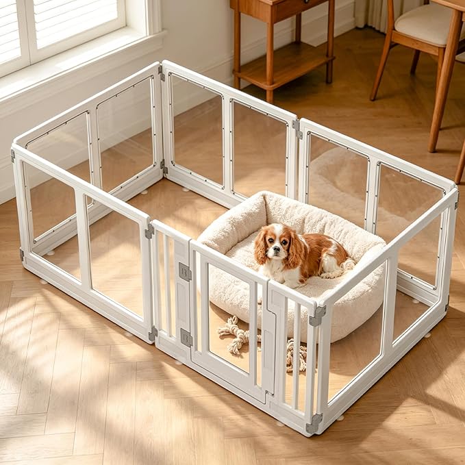 Gupamiga Clear Acrylic Dog Playpen Indoor, 22.4" H Modular Transparent Pet Play Pen with Secure Lock Door, Tool-Free Assembly DIY Shape Puppy Fence for Small Medium Dogs, Cats, Rabbits, Small Animals