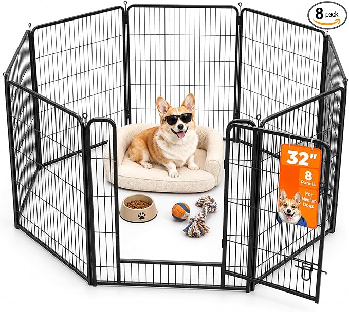 Hailnterior Dog Playpen for Outdoor, 32 Inch 8 Panels Heavy Duty Metal Portable Foldable Pet Dog Fence with Door, Quick Setup Puppy and Small Dog Paly Pen for Indoors, Yard, RV Camping, Garden, Black