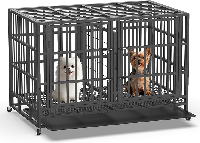 Rupzen Heavy Duty Dog Crate 48 Inch, Indestructible Kennel for 2 Small Dog | 38-60" for Small to XX-Large Dogs | Escape Proof Latch | Removable Tray | Chew-Proof Steel | Lockable Wheel | Easy-Clean