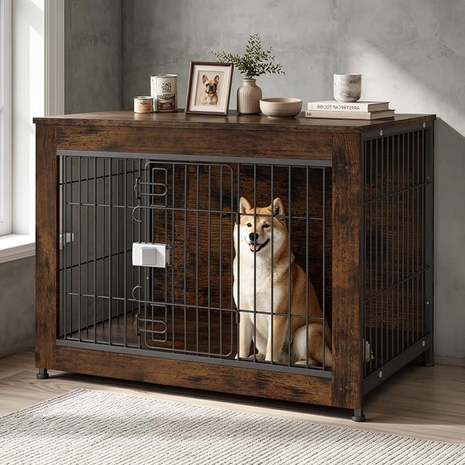 Wooden Dog Crate Furniture 32" for High Anxiety Medium Dogs, Aged Black | Paw-Safe Escape-Proof Lock, Supports Up to 250 LB, 0.5" Thickened Wood Panel, Waterproof &amp; Scratch Resistant, Easy Assembly