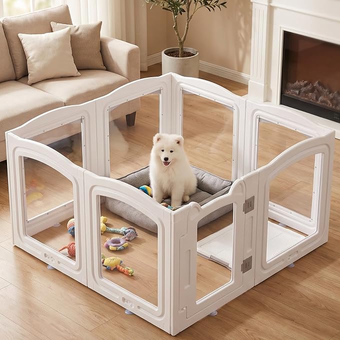 Clear Acrylic Dog Playpen Indoor, 24" H 8 Panel Dog Fence with Door, White | Tool-Free Assembly, Anti-Escape Double Lock &amp; Suction Cups, Transparent Modern Design for Small Dogs, Puppies, Cats &amp; Rabbits