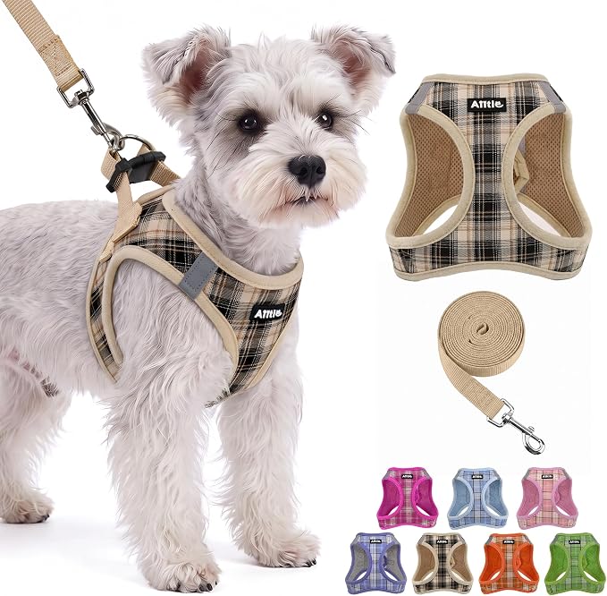 AIITLE Step in Dog Harness Medium Sized and Leash Set, Puppy Vest, Beige M | Breathable Air Mesh, Hook & Loop Design, Easy On/Off, Reflective Strips, Plaid Pattern, No-Pull for Walking, Training