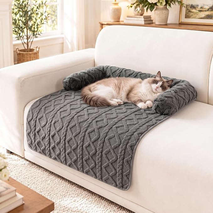 Calming Dog Bed Mat for Couch, Sofa Protector with 3-Sided Bolster, Grey | for Small and Medium Dogs &amp; Cats, Fluffy Plush Couch Cover, Non-Slip, Machine Washable, Protects Sofa from Fur &amp; Scratches